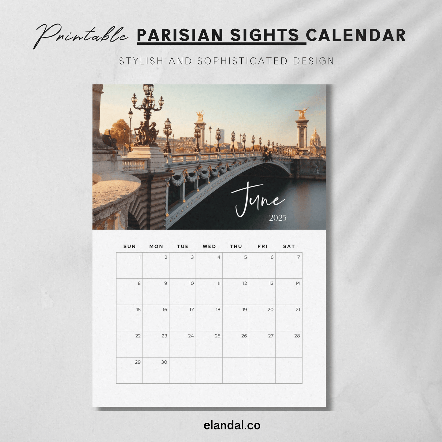 Calendario fotográfico de París para imprimir con vistas parisinas de 2025