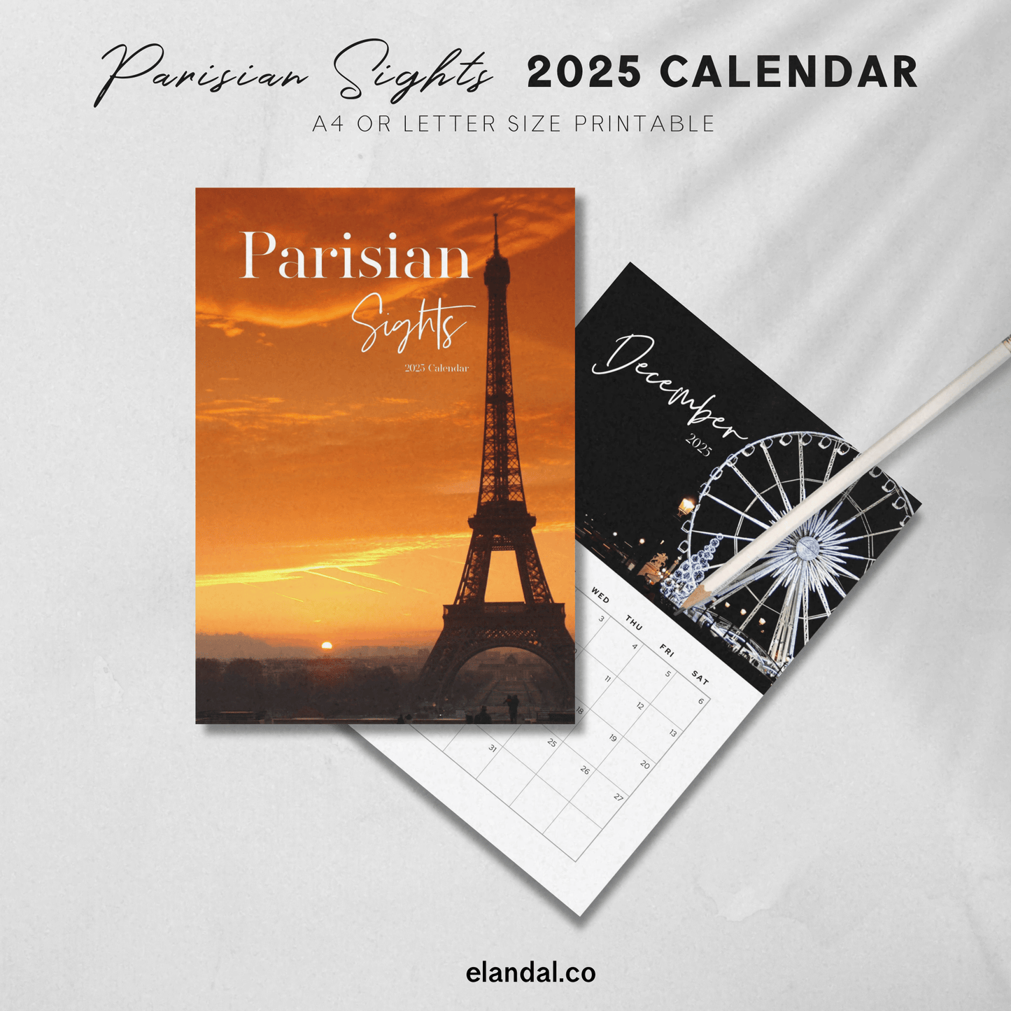 Calendario fotográfico de París para imprimir con vistas parisinas de 2025