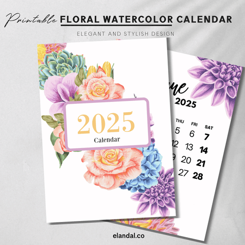 2025 Printable Floral Watercolor Wall Calendar