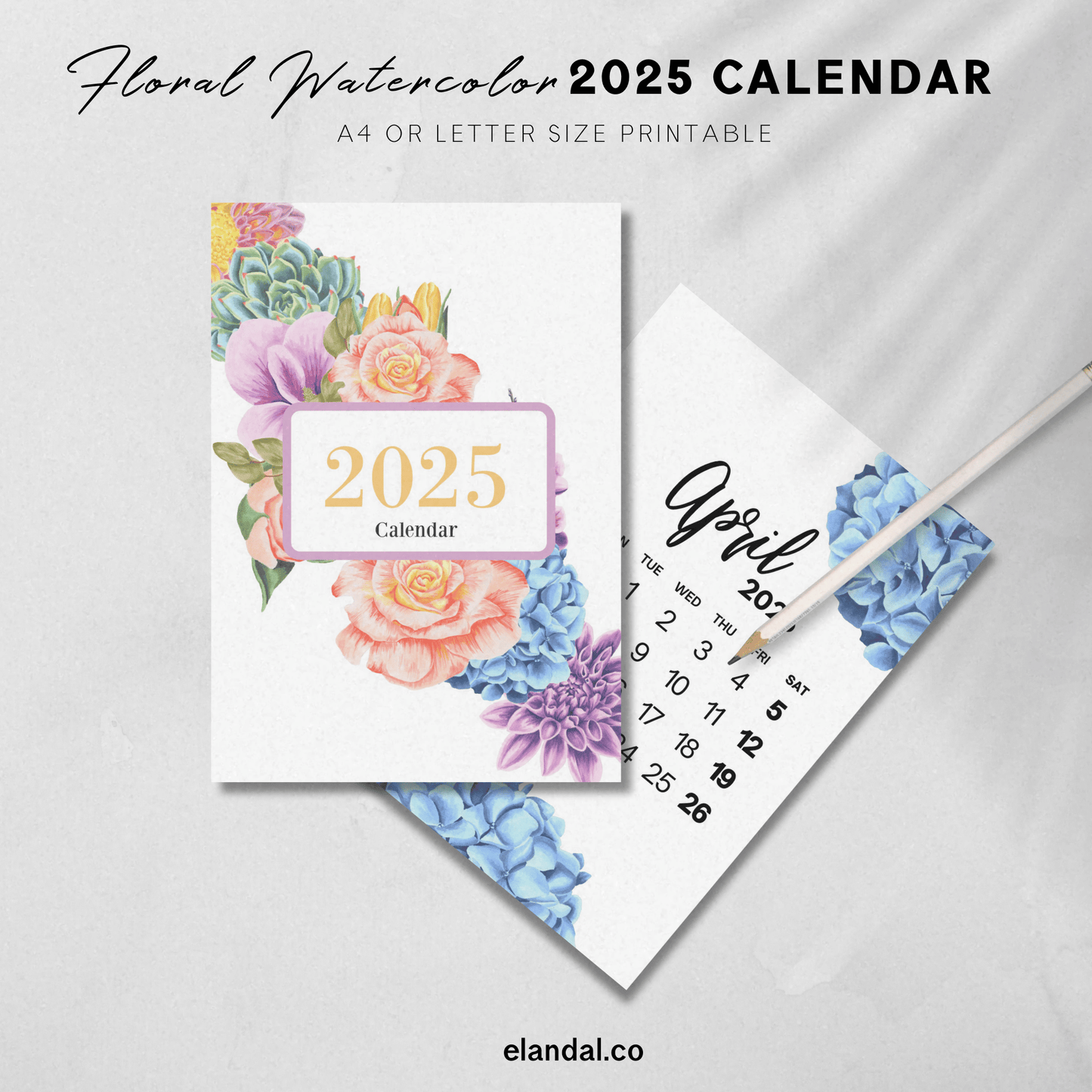 Calendario de pared con acuarela floral para imprimir en 2025