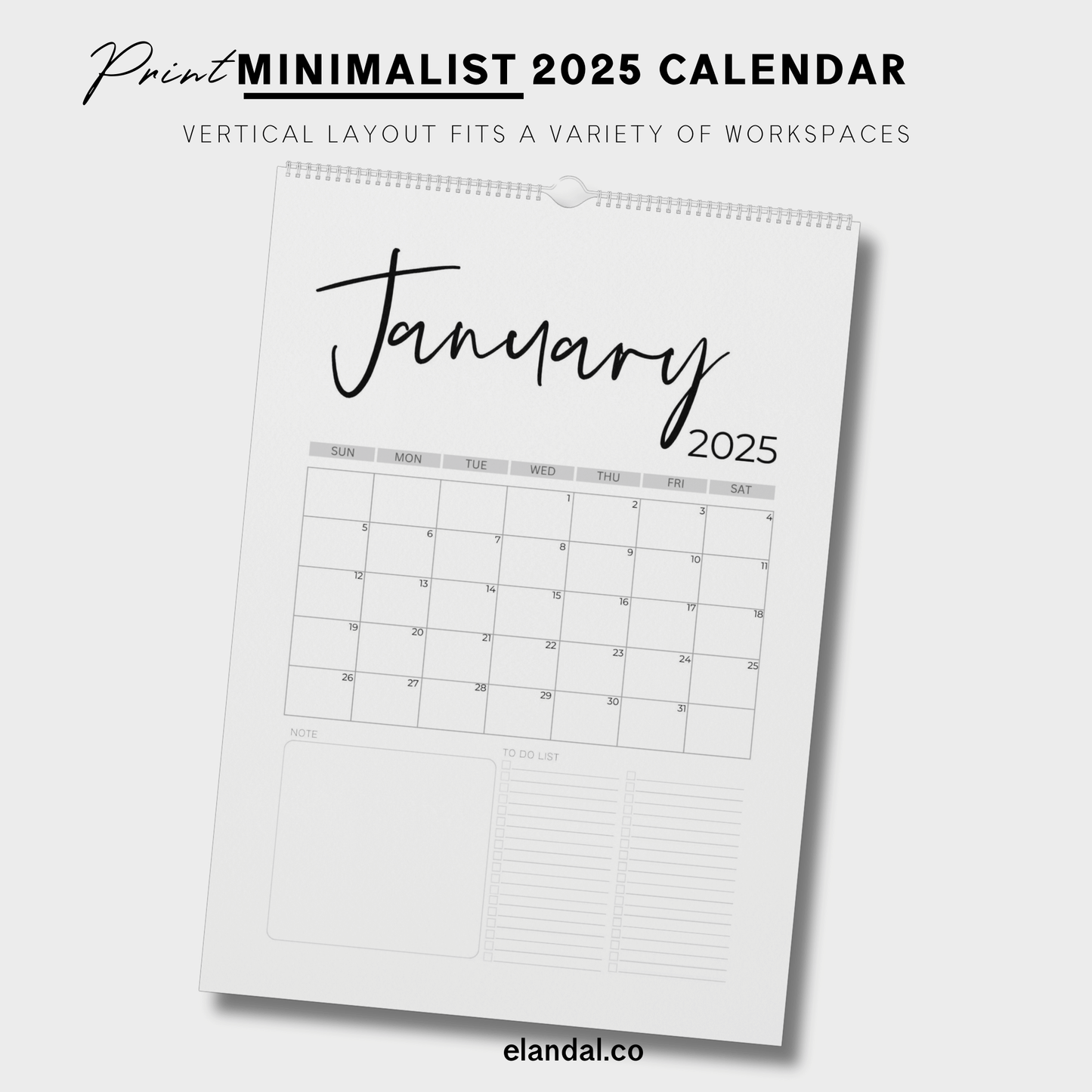 Calendario vertical minimalista de página completa para imprimir en 2025