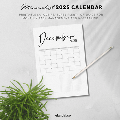 2025 Printable Minimal Vertical Calendar, Desk 12-Month Calendar, Stylish Office Decor