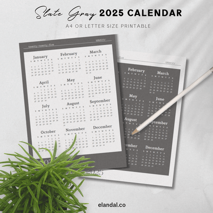 2025 Printable Slate Gray/Off White One-Page Calendar