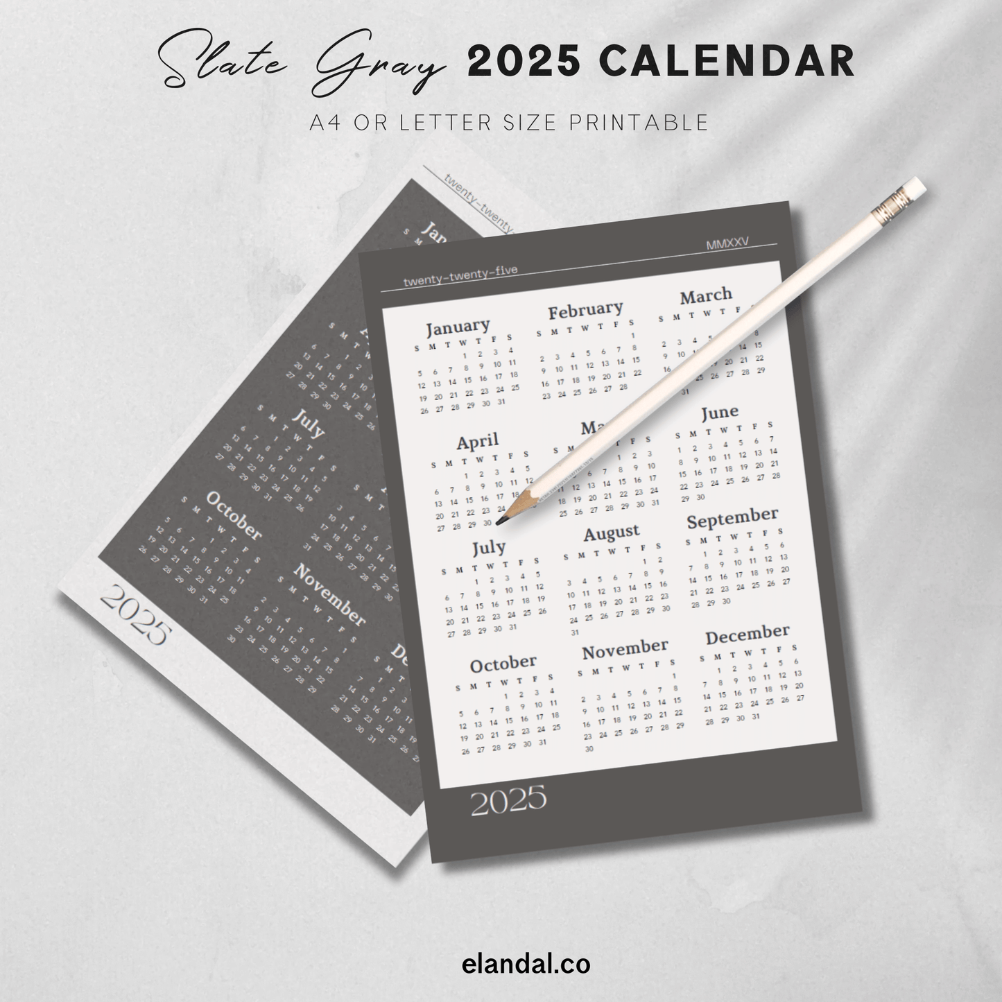 2025 Printable Slate Gray/Off White One-Page Calendar