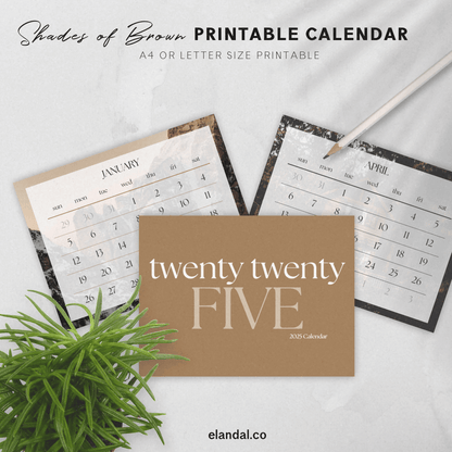 2025 Printable Landscape Shades of Brown Calendar