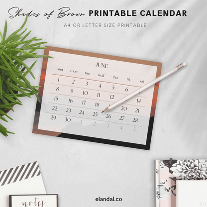 2025 Printable Landscape Shades of Brown Calendar