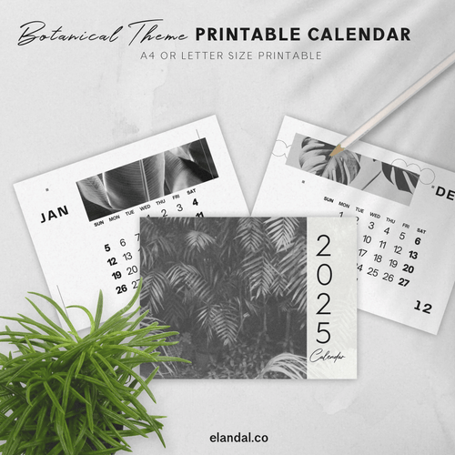 2025 Printable Black and White Botanical Landscape Calendar