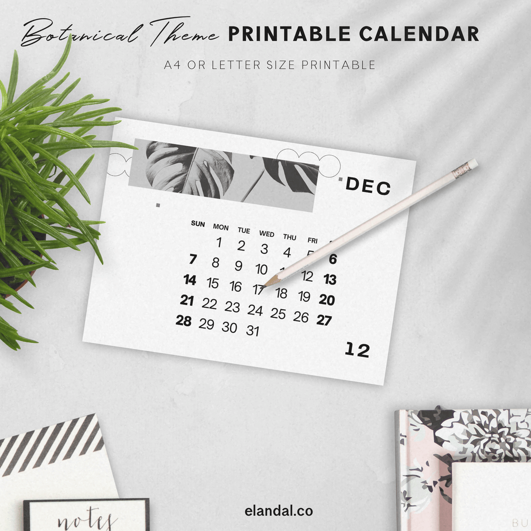 2025 Printable Black and White Botanical Landscape Calendar