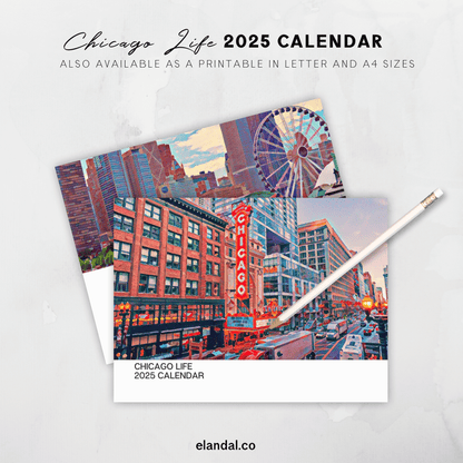 Calendario de pared ilustrado de Chicago Life para imprimir en 2025