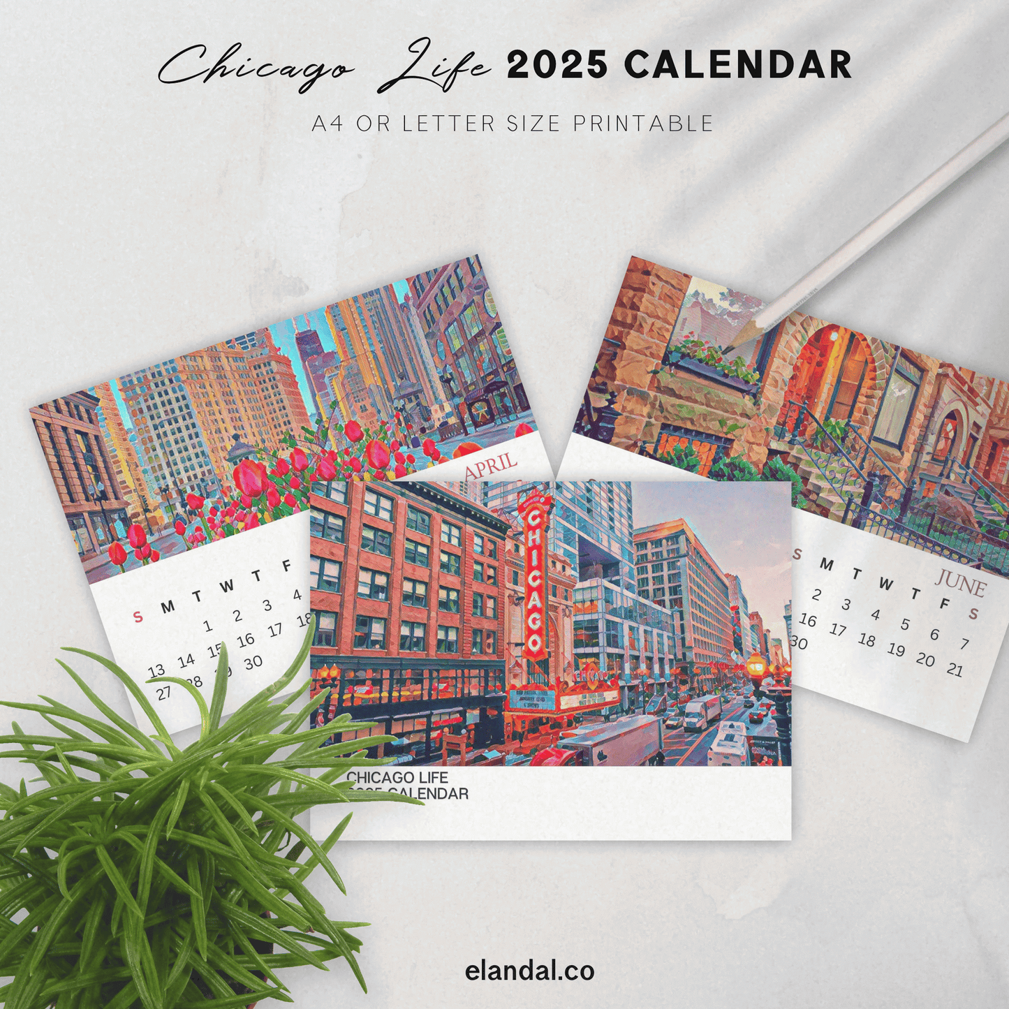 Calendario ilustrado de Chicago para imprimir en 2025