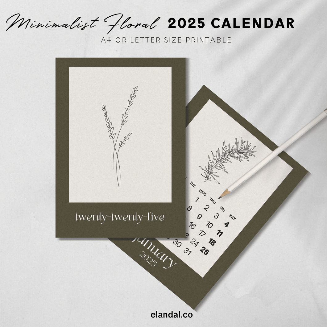 2025 Printable Minimalist Brown Botanical Floral Plant Sketch Calendar