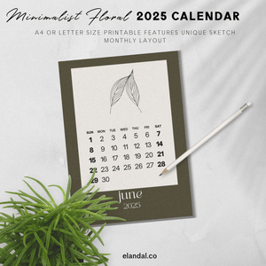 2025 Printable Minimalist Brown Botanical Floral Plant Sketch Calendar