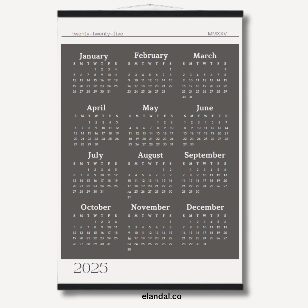 2025 Slate Grey Poster Calendar - Light Border with Hangers