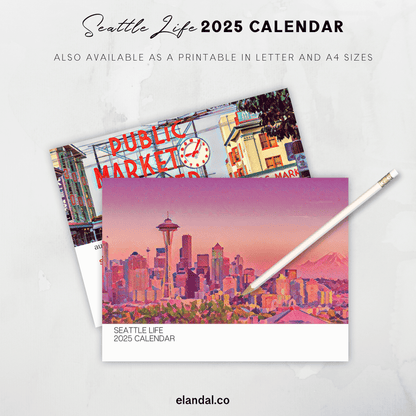 Calendario de pared ilustrado de Seattle Life para imprimir en 2025