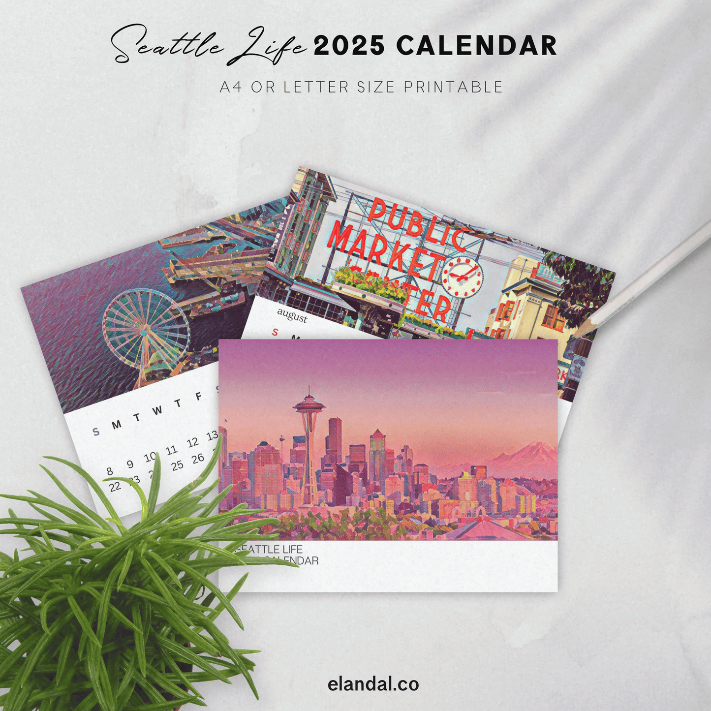 2025 Printable Seattle Life Illustrated Landscape Calendar