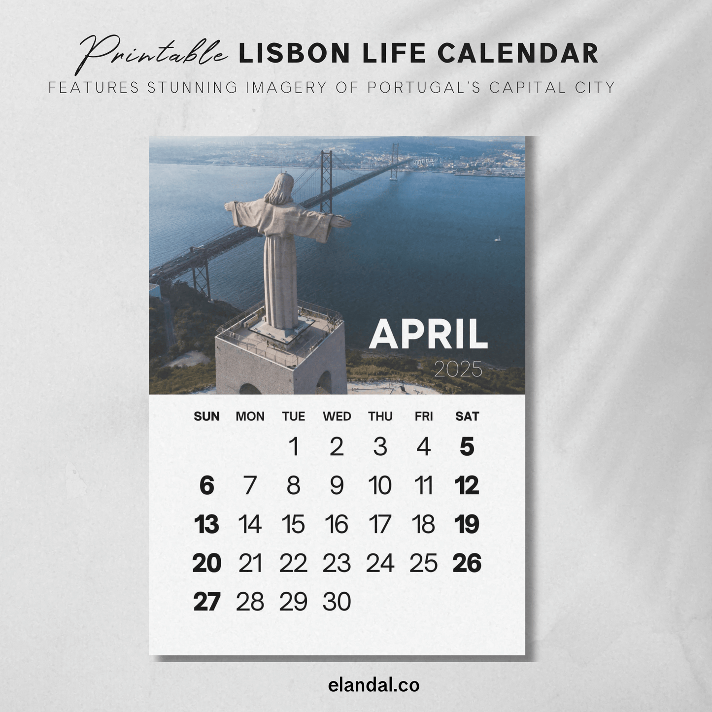 Calendario fotográfico vertical de Lisboa, Portugal, para imprimir en 2025