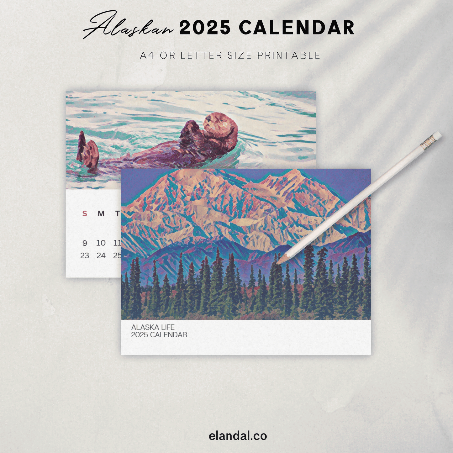 Calendario ilustrado de paisajes de Alaska para imprimir en 2025