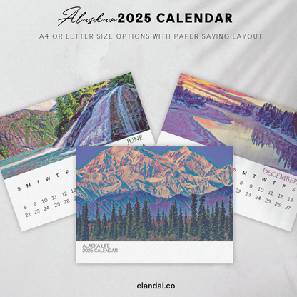 Calendario ilustrado de paisajes de Alaska para imprimir en 2025