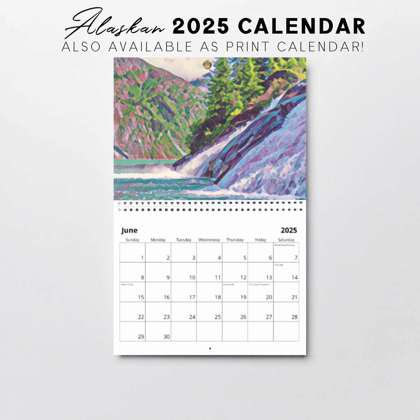 Calendario ilustrado de paisajes de Alaska para imprimir en 2025