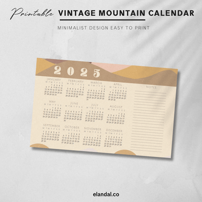 2025 Printable Vintage Illustrated Mountains Landscape Calendar