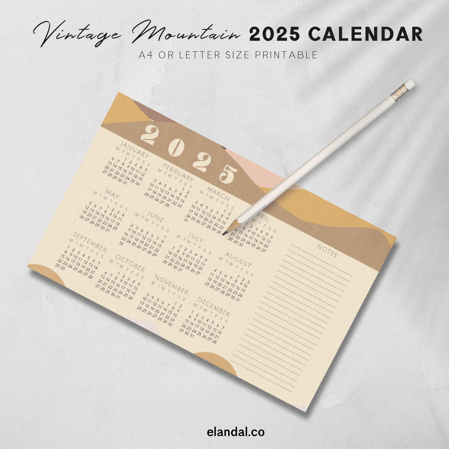 2025 Printable Vintage Illustrated Mountains Landscape Calendar