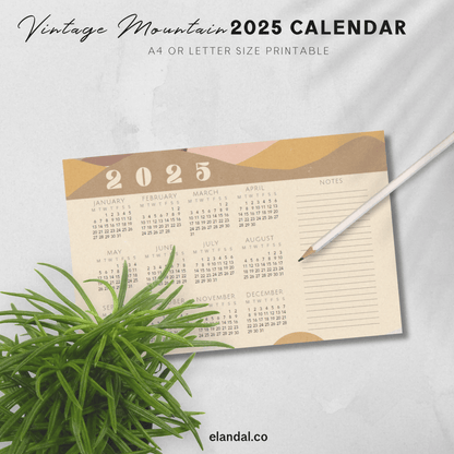 2025 Printable Vintage Illustrated Mountains Landscape Calendar