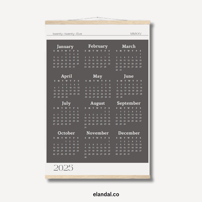 Calendario de póster gris pizarra 2025: borde claro con perchas 