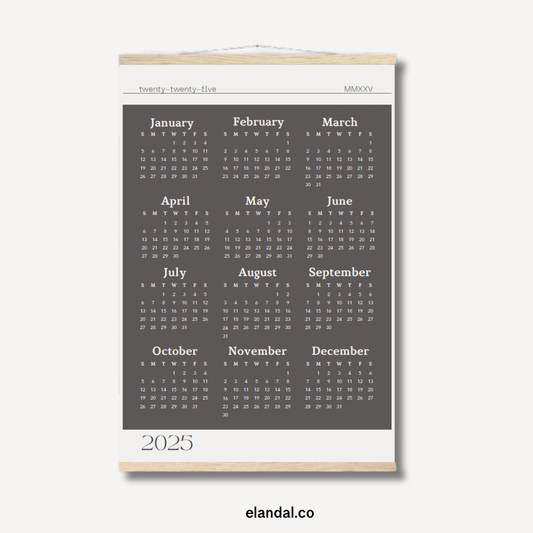 2025 Slate Grey Poster Calendar - Light Border with Hangers