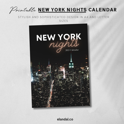 Calendario imprimible de las noches de Nueva York de 2025 