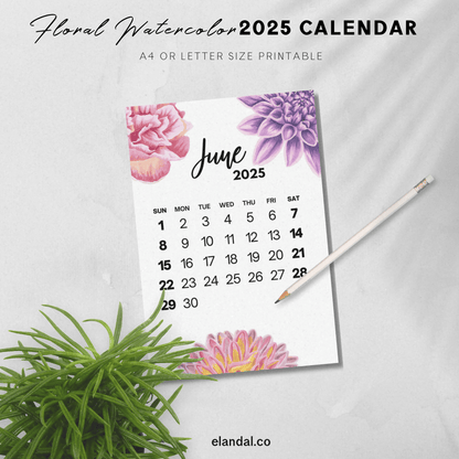 Calendario de pared con acuarela floral para imprimir en 2025