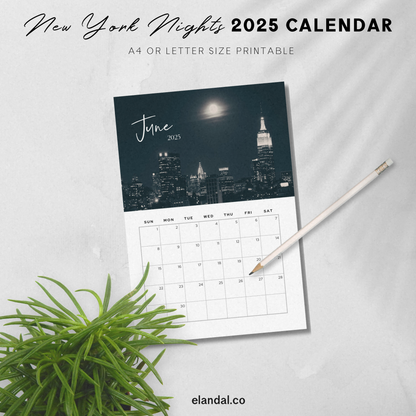 Calendario imprimible de las noches de Nueva York de 2025 