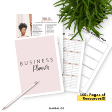 Load image into Gallery viewer, Image of four documents from a printable business planner sitting on a white desk. 