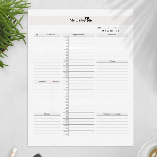 One-Page Undated Daily Planner Printable Letter Size