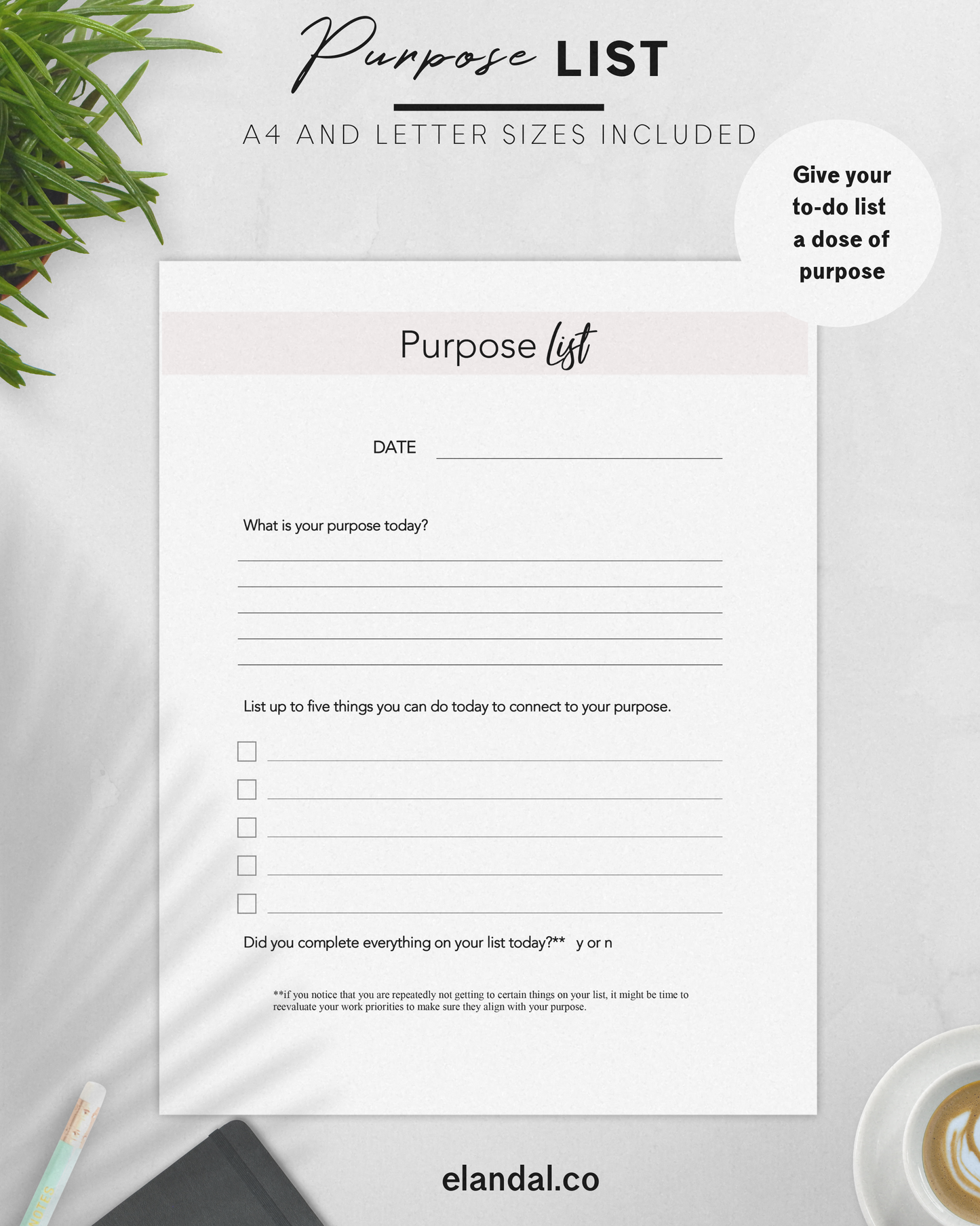 Purpose List - Printable Motivational Daily To-Do List Planner Page