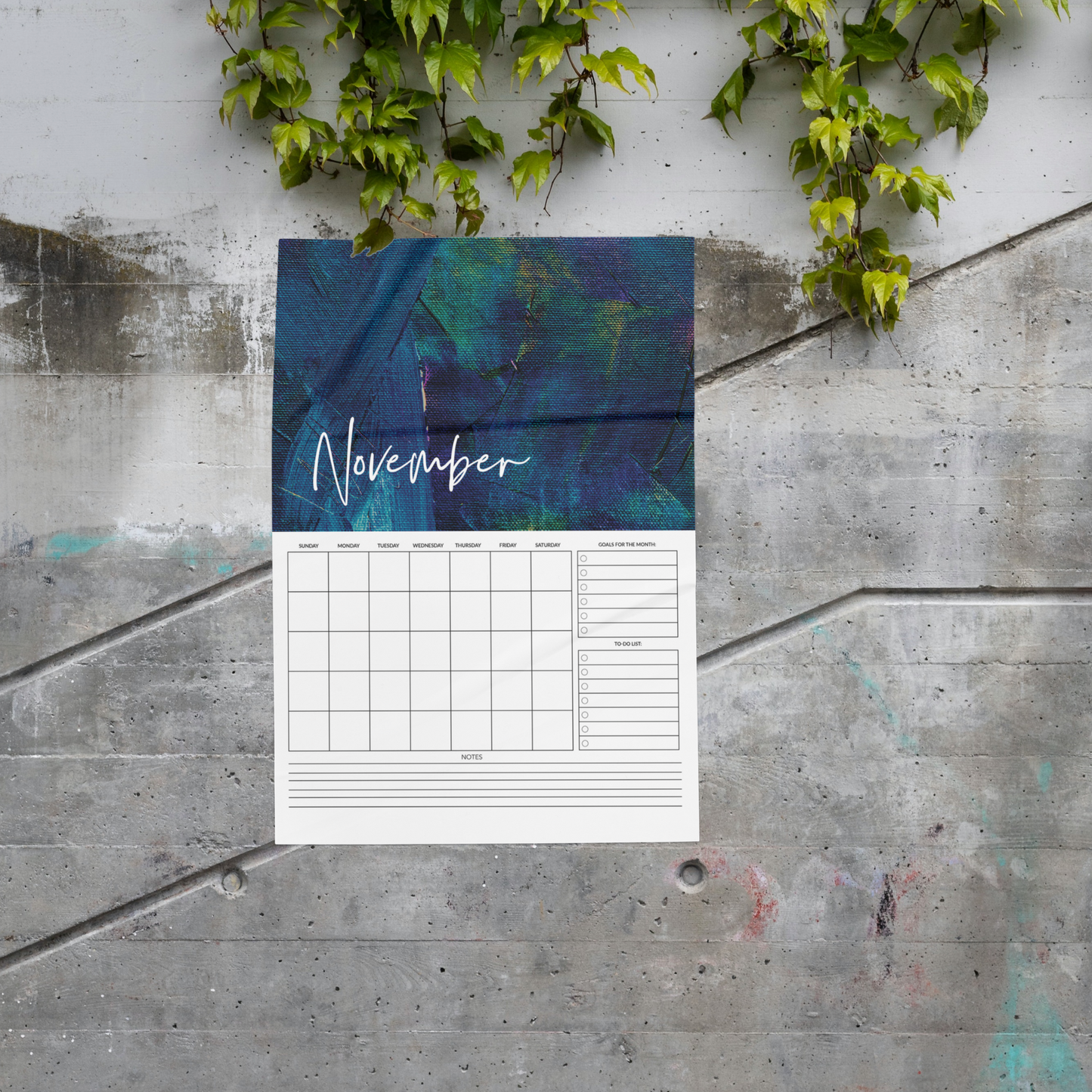 Undated Abstract Art Printable Vertical Monthly Calendar with Task List and Notes