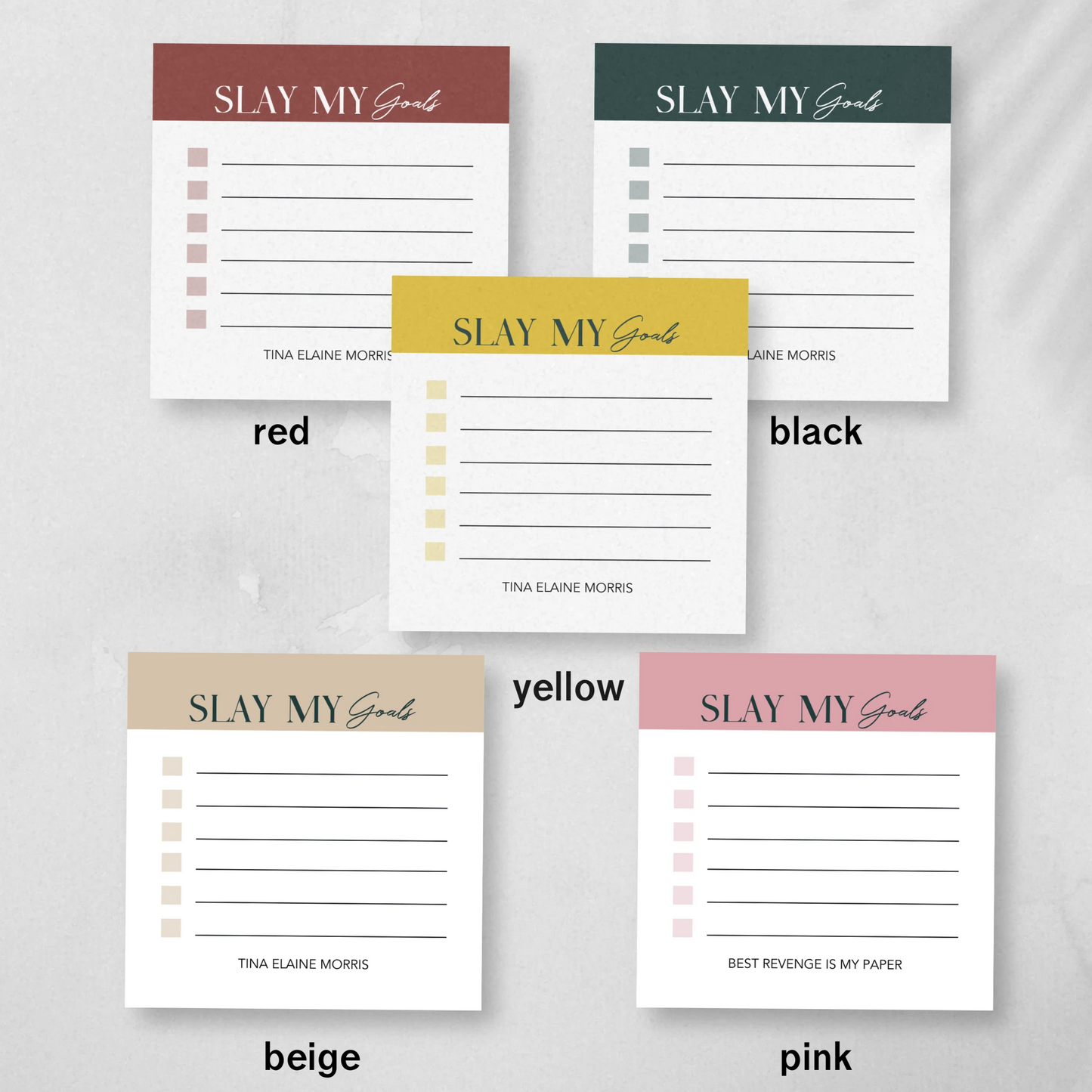 Notas adhesivas personalizadas Slay My Goals, lista de tareas motivacionales de 3 x 3 en minicuadernos de colores surtidos