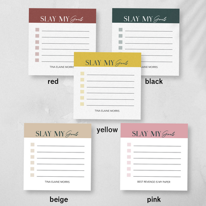 Notas adhesivas personalizadas Slay My Goals, lista de tareas motivacionales de 3 x 3 en minicuadernos de colores surtidos