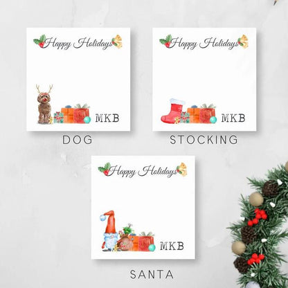 Bloc de notas adhesivas navideñas con monogramas, material de oficina con impresión personalizada, bloc de notas de 3 x 3 pulgadas con diseños navideños de perros, calcetines y Papá Noel